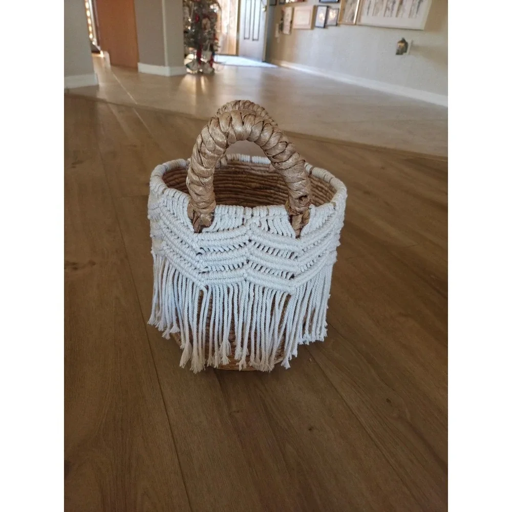 Woven Seagrass Banana Basket‎ Macrame Fringe Boho Handle Storage Decor Accent